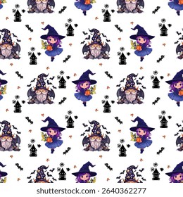 Halloween Seamless Pattern with Cute Witches and Cats. Cartoon Witch Pattern with Spooky Elements on White