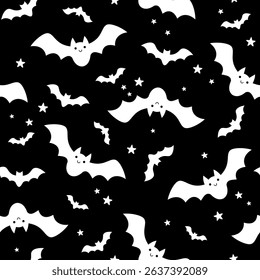 Halloween seamless pattern. CuteBlack and white Halloween bat hand drawn vector pattern in flat style