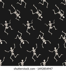 Halloween seamless pattern with dancing skeletons. Endless background, wallpaper, wrapping. Vector illustration on a black background.