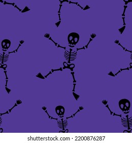 Halloween seamless pattern with dancing skeletons. Scary pattern, colorful Halloween print. Autumn skeleton wallpaper or party background with skulls - for fabric, for textiles, for wrapping paper. 