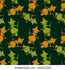 Halloween seamless pattern with dancing witch. Vector clip art.