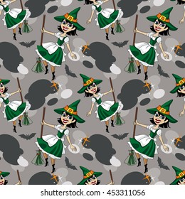 Halloween seamless pattern with dancing witch. Vector clip art.