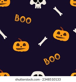 Halloween seamless pattern.
Dark blue festive autumn background with boo lettering, pumpkin, bone, skull.
Can be used for digital paper scrapbook, textile print, page fill. Vector illustration.