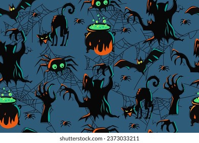 Halloween seamless pattern. Dark silhouettes of a tree, an owl, a bat, a cat, a spider, the hands of a dead man, a witch's cauldron with poison. Spooky background drawn by hand. Vector.