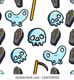 Halloween seamless pattern. Day of the death colorful cartoon background.  With skull, coffin and sickle