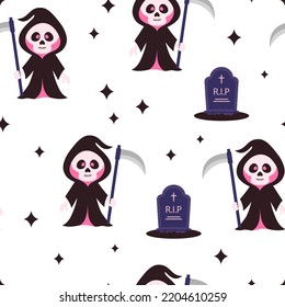 halloween seamless pattern of death with scythe and headstone, vector illustration in flat style, design concept for halloween party, textile print, wallpaper, wrapping paper