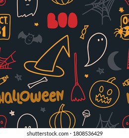 Halloween seamless pattern. Decorated with lettering,  pumpkins, witch hat, cobwebs, spiders, candy, ghosts, calendar, broom, candles, bones, skull, moon, stars, bats.