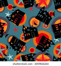 Halloween seamless pattern for decoration. Cool spooky house background. Hand drawn illustration.