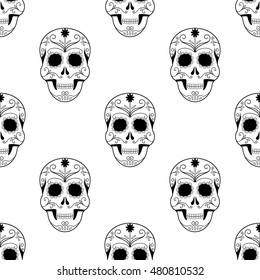 Halloween seamless pattern decoration ghost. Scary wallpaper horror design halloween seamless pattern spooky vector skulls silhouette. Holiday october scary halloween seamless pattern fear skulls.