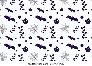 Halloween seamless pattern decoration on a white background. Minimal Halloween pattern vector for bed sheets, costumes, and wallpapers. Halloween pattern design with scary bats and cat silhouette.