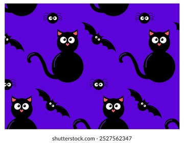 Halloween seamless pattern decoration on a purple background. Minimal Halloween pattern vector for bed sheets, costumes, and wallpapers. Halloween pattern design with scary bats, spider and cat silhou