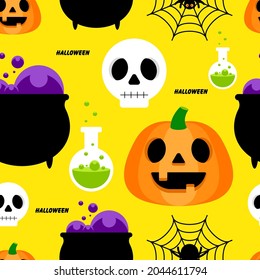 Halloween seamless pattern decorative with pumpkin, poison pot and skull flat design style, vector illustration