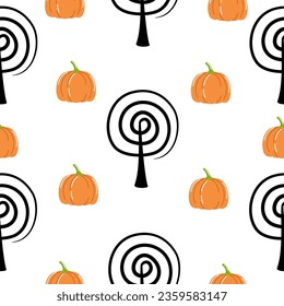 Halloween seamless pattern with decorative tree, pumpkin. Vector illustration.