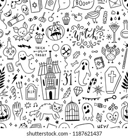 Halloween seamless pattern design. Background with cute outline Halloween party illustrations: witchcraft, pumpkins, ghosts, magic objects