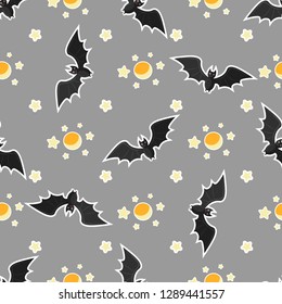 Halloween seamless pattern design with bat, moon and stars