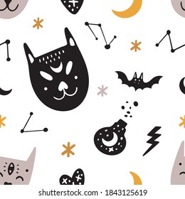 Halloween seamless pattern design with bat, potion, stars and black cat.
