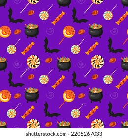 Halloween seamless pattern design with bat, pot, sweets, candy. Vector illustration for wallpaper, wrapping paper, banner, web, frame, party celebration on violet background.