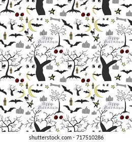 Halloween seamless pattern design with bat, dead tree, moon, star, cat, bone, scary eyes, candle.