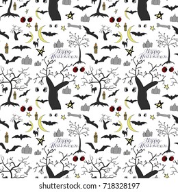 Halloween seamless pattern design with bat, dead tree, moon, star, cat, bone, scary eyes, candle.