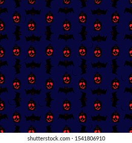 Halloween seamless pattern design for card, fabric or wrapping paper with traditional spooky symbols and handlettering. illustration headstone and bat with happy helloween wish
