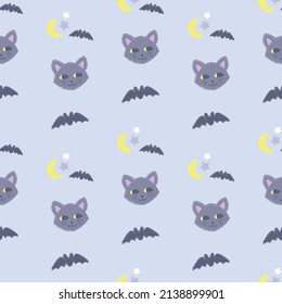 Halloween seamless pattern design with cat and bats