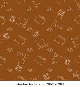 Halloween seamless pattern design with contour spider, pot with a potion and cat