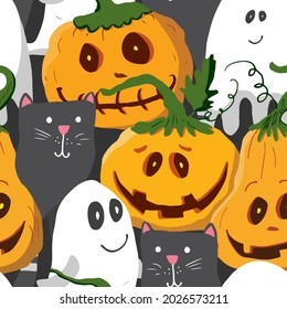 Halloween seamless pattern design. Cute cartoon elements, holiday background, vector illustration.