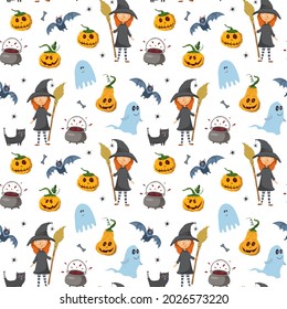 Halloween seamless pattern design. Cute cartoon elements, holiday background, vector illustration.