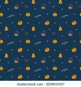 Halloween seamless pattern design. Cute cartoon elements, holiday background, vector illustration.