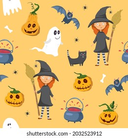 Halloween seamless pattern design. Cute cartoon elements, holiday background, vector illustration.