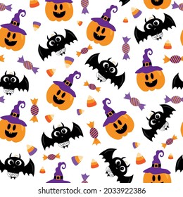 Halloween seamless pattern design. Cute bat, pumpkin in witch hat and candies, for children.