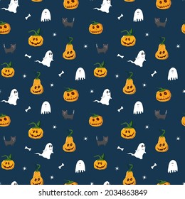 Halloween seamless pattern design. Cute cartoon elements, holiday background, vector illustration.