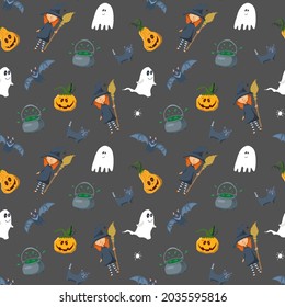Halloween seamless pattern design. Cute cartoon elements, holiday background, vector illustration.