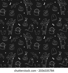 Halloween seamless pattern design. Cute cartoon elements, holiday background, vector illustration.