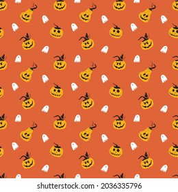 Halloween seamless pattern design. Cute cartoon pumpkin and ghost, holiday background, vector illustration.