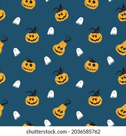 Halloween seamless pattern design. Cute cartoon pumpkin and ghost, holiday background, vector illustration.