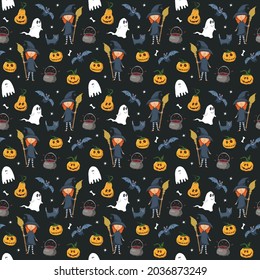 Halloween seamless pattern design. Cute cartoon elements, holiday background, vector illustration.