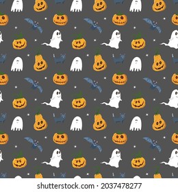 Halloween seamless pattern design. Cute cartoon elements, holiday background, vector illustration.