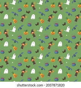 Halloween seamless pattern design. Cute cartoon elements, holiday background, vector illustration.
