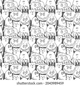 Halloween seamless pattern design. Cute cartoon elements, holiday background, vector illustration.