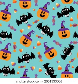 Halloween seamless pattern design. Cute bat, pumpkin in witch hat and candies on turquoise background for children.