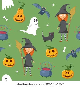 Halloween seamless pattern design. Cute cartoon elements, holiday background, vector illustration.