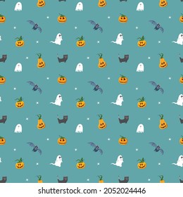 Halloween seamless pattern design. Cute cartoon elements, holiday background, vector illustration.