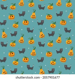 Halloween seamless pattern design. Cute cartoon elements, holiday background, vector illustration.