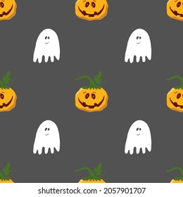 Halloween seamless pattern design. Cute cartoon pumpkin and ghost, holiday background, vector illustration.