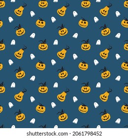 Halloween seamless pattern design. Cute cartoon pumpkin and ghost, holiday background, vector illustration.