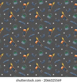 Halloween seamless pattern design. Cute cartoon elements, holiday background, vector illustration.