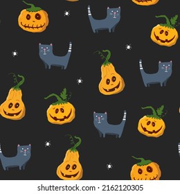 Diseño de patrones sin fisuras de Halloween. Elementos de dibujos animados, fondo de vacaciones, ilustración vectorial.