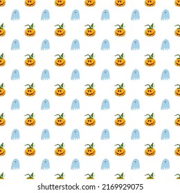 Halloween seamless pattern design. Cute cartoon pumpkin and ghost, holiday background, vector illustration.