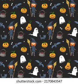 Halloween seamless pattern design. Cute cartoon elements, holiday background, vector illustration.
